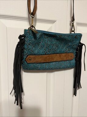 Justin Boots Turquoise Tooled Fringe Crossbody with Brown Trim